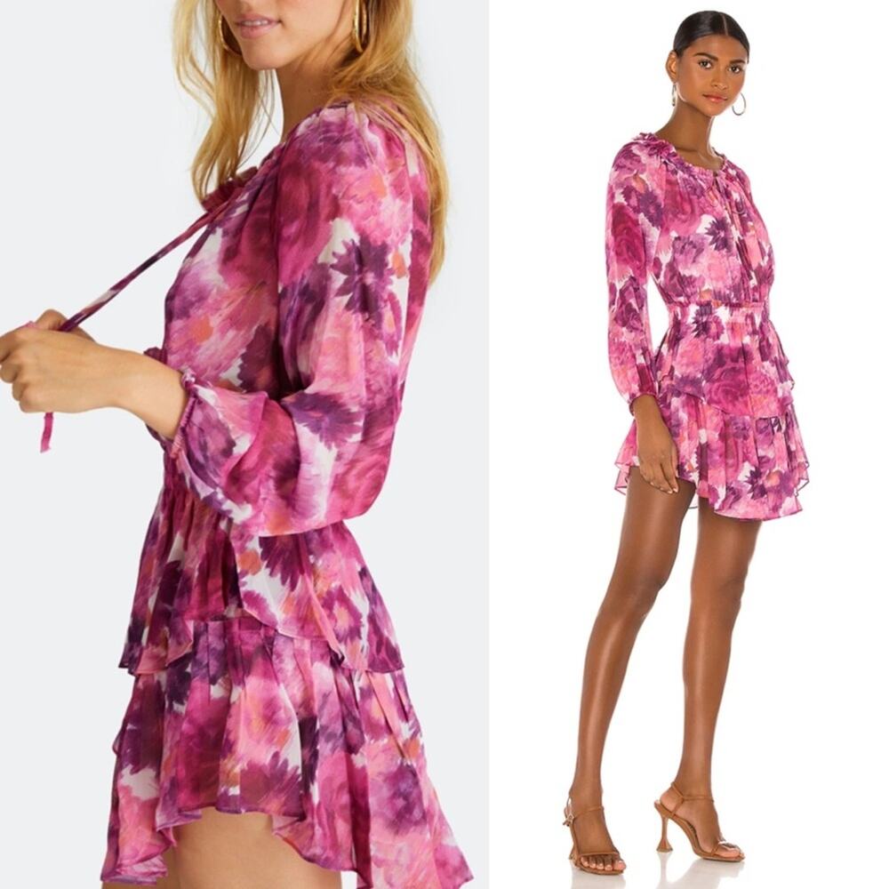 LoveShackFancy Silk Pink Smocked Waist V Neck Frill Popover Floral Mini Dress L